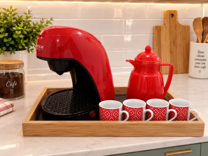 Kit cozinha: Cafeteira + 04 xícaras + mini garrafas térmica + espremedor de laranja.