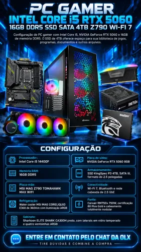 PC Gamer Intel Core i5 RTX 5060 16GB DDR5 SSD SATA 4TB Z790 Wi-Fi 7