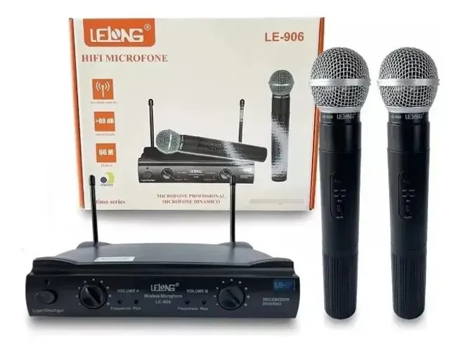 Microfone Sem Fio Duplo Uhf 50 Metros Lelong-906 110/220 Cor Preto