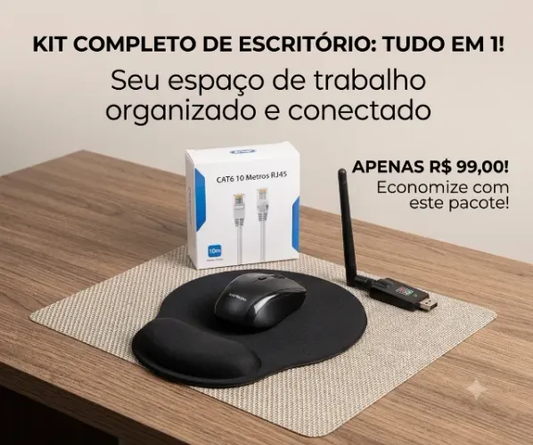 Kit Acessórios para PC e Home Office: Adaptador Wi-Fi + Mouse Sem Fio + Mouse Pad Gel + Ca