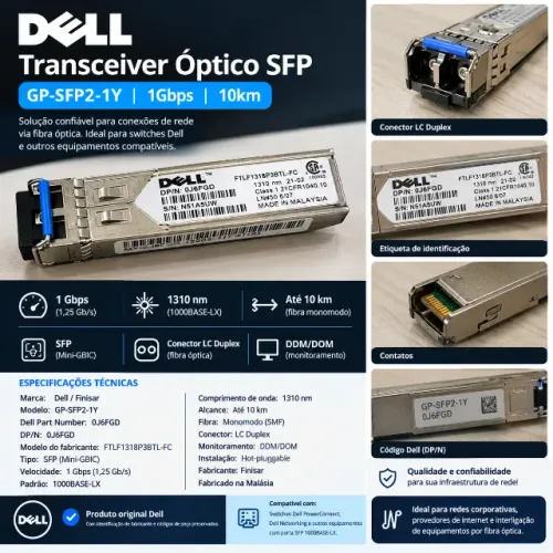 Transceiver Óptico Dell SFP 1Gbps 10KM GP-SFP2-1Y