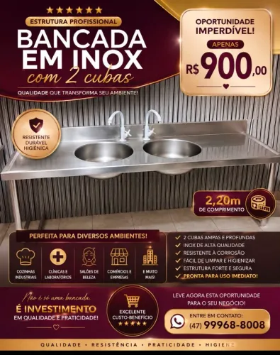 Banca de inox dupla para cozinha
