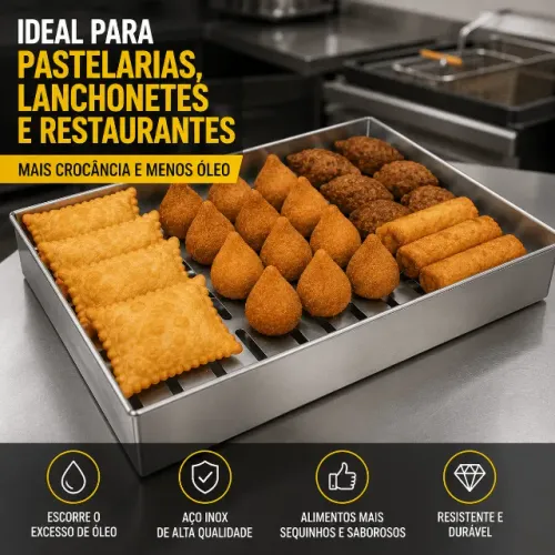 Escorredor Fritura Aço Inox Funcional Cozinha Profissional Pastel Salgados Batata Frita