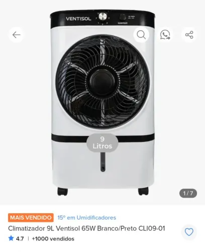 Climatizador e Umidificador ventisol 09 litros 127 volts