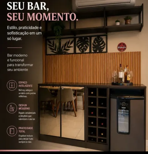 Barzinho de sala com espaço para cristaleira, adega e frigobar
