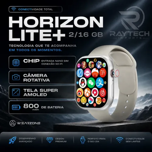 Smartwatch Horizon Lite + 4G Câmera Rotativa | 3GB + 32GB | Celular de Pulso Slim