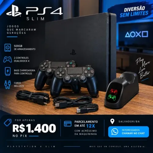 PS4 Slim 500GB + 2 Controles + Base Carregadora