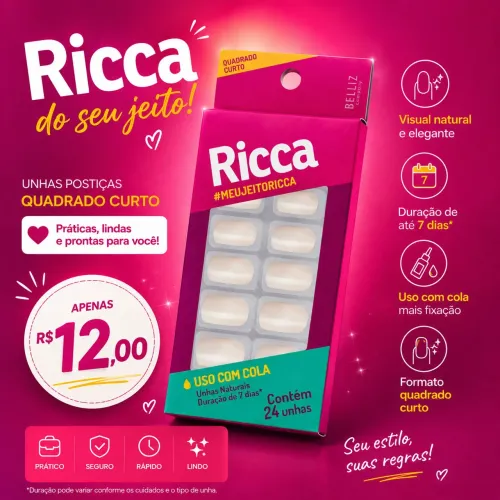 Unhas Postiças Ricca Quadrado Curto - 24 Unhas