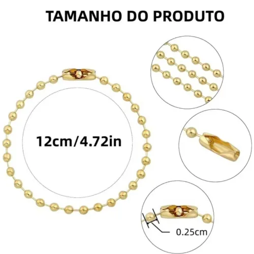 Pacote com 100 correntes bolinhas douradas com fecho canoa - 12cm