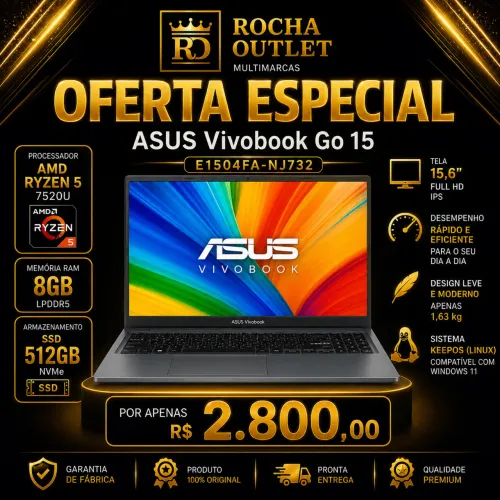 Notebook Asus Vivobook Go 15, AMD Ryzen 5-7520u , 8GB, SSD 512GB, Tela 15.6" Full HD,