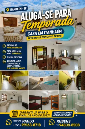 ALUGA-SE CASA PARA TEMPORADA EM ITANHAÉM - SP