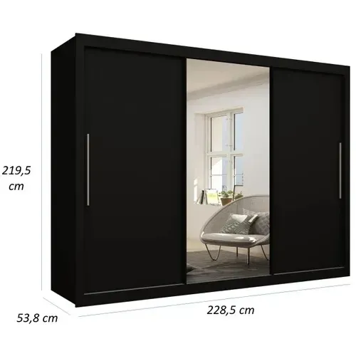 Guarda Roupa Casal 3 Portas de Correr com Espelho Grande 4 Gavetas - Preto Mdf