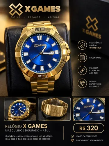 Relógio x games dourado com fundo azul