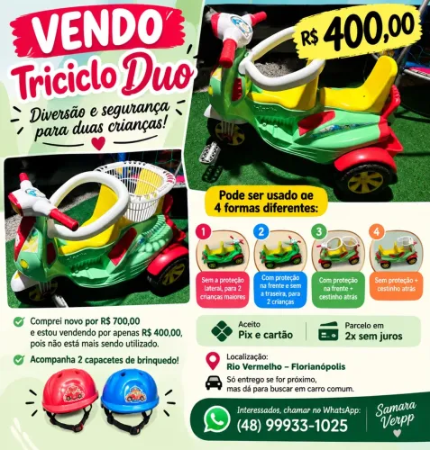 Triciclo duo para duas crianças.