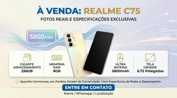 Realme C75 Amazenameto 256Gb, memória de 8Gb.