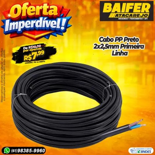 Cabo PP Preto 2x2,5mm Primeira Linha