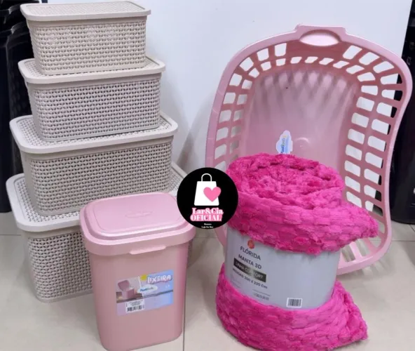 Kit completo com manta casal, kit organizador, lixeira e cesto telado mega promoção 