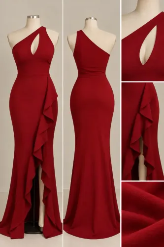 Vestido Longo de Festa Elegante com Babado Lateral e Decote Assimétrico ?