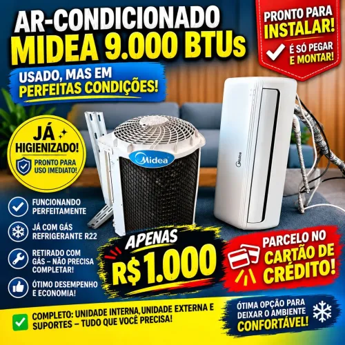 AR-CONDICIONADO MIDEA 9.000 BTUs USADO - COMPLETO - R$ 1.000