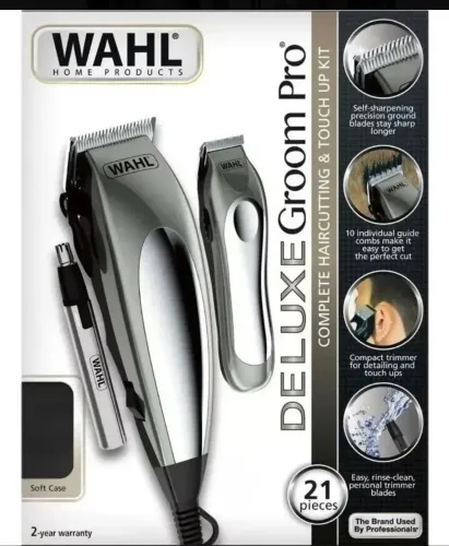 Kit Máquina de Corte e Aparadores Wahl Deluxe original Groom Pro 127V com 21 Peças