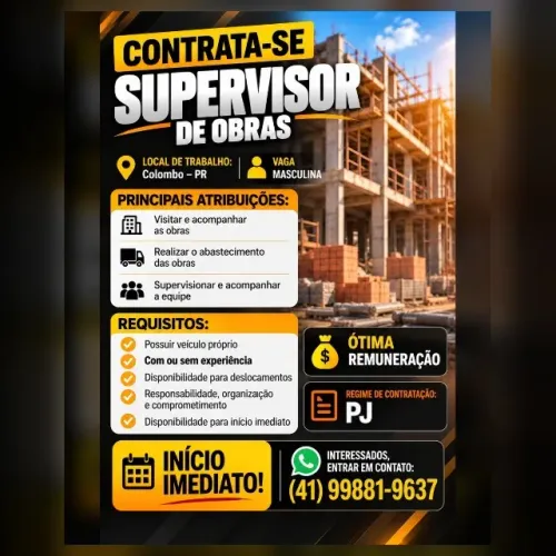 ? CONTRATA-SE SUPERVISOR DE OBRAS?INÍCIO IMEDIATO!