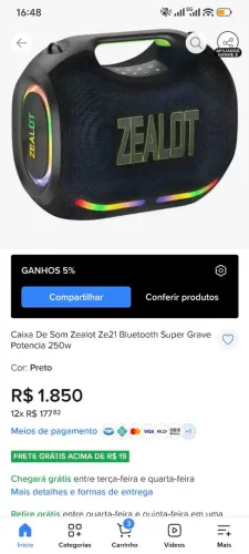CAIXA BLUETOOTH ZEALOT ZE21 250W RMS.