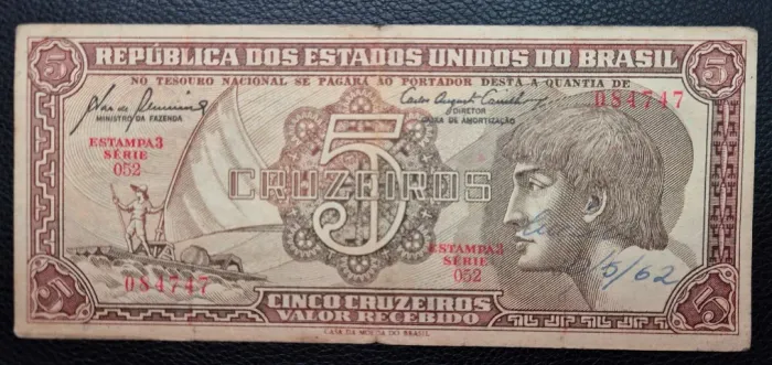 Cédula de papel moeda antiga de 5 cruzeiros ?Cédula do Índio? (1961)