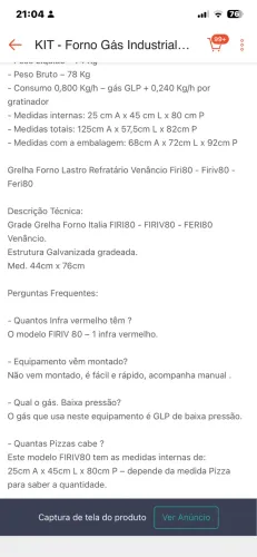Vendo forno Venâncio a gás com infra vermelho