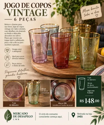 JOGO DE COPOS VINTAGE COLORIDOS COM BORDA DOURADA - 6 PEÇAS