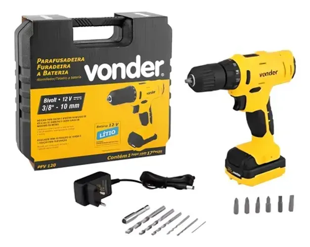 Parafusadeira/furadeira a bateria, 12 V, fonte bivolt automática, pfv 120 vonder