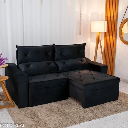 Sofá Retrátil Reclinável Lisboa 2.00m Veludo Preto Molas Bonnel rf544