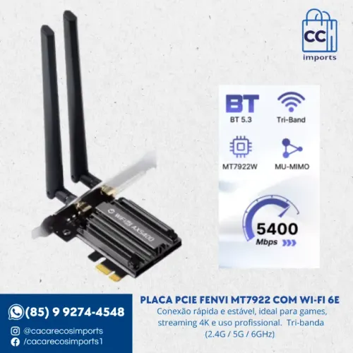 Placa de rede PCIe Fenvi MT7922 com Wi-Fi 6E Tri-Banda (2.4G-5G-6GHz) até 5400Mbps e Bluet