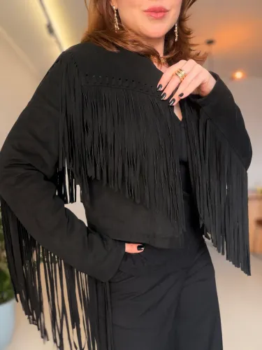 Jaqueta M Preta em Suede Forever 21 com Franjas Country