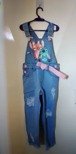 Macacão Jeans Infantil Stitch com cinto Tamanho 8