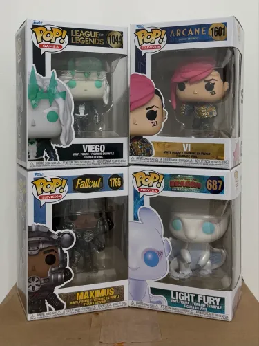 Funkos Viego, (Vi) Violet, Light Fury e Maximus Fallout