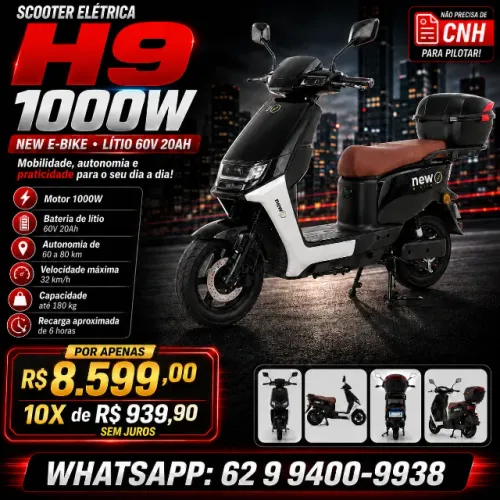 Scooter Elétrica New E-Bike H9 1000W Lítio 60V 20Ah Preto/Prata