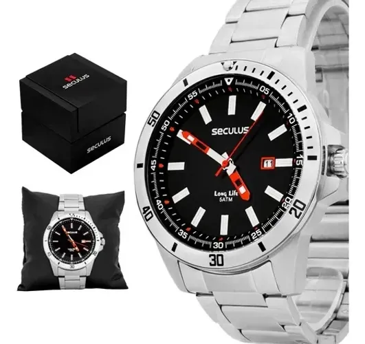 Relógio Masculino Casual Seculus Prata em Aço Robustro Mostrador Preto Analógico