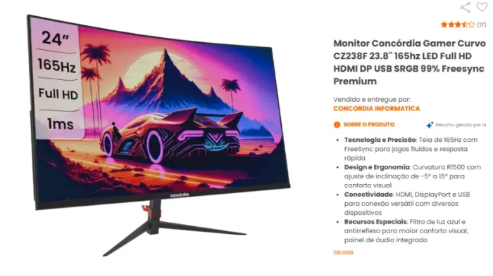 Monitor Gamer Concórdia Curvo 23.8? 165Hz + Suporte Articulado North Bayou F80 NB