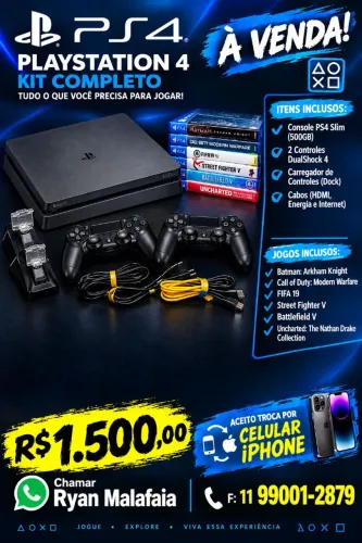 ? PlayStation 4 Usado + 2 Controles + 6 Jogos + Base de Carregamento