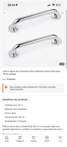Barra de Apoio Reta 60 cm em Aço Inoxidável - Nova, Nunca Instalada + Nota Fiscal