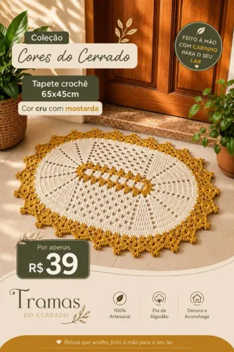 Tapete de Crochê, 65x45cm, cru com mostarda, unidade