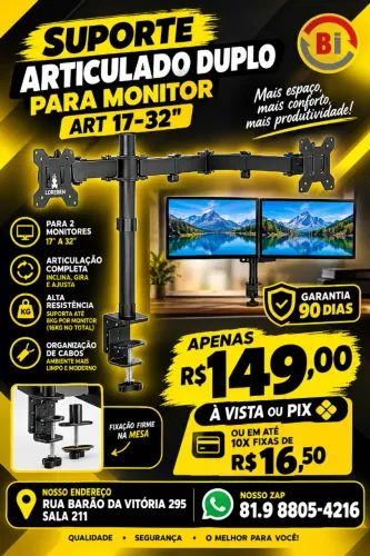 SUPORTE ARTICULADO DUPLO PARA MONITOR ART 17-32" - Em ate 10x Fixas