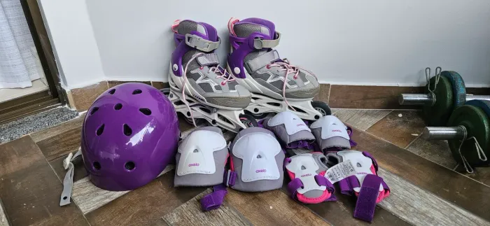 Patins Infantil inline Oxelo tam 31-33  e Kit de proteção completo Oxelo