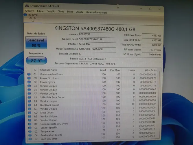 SSD 480GB KINGSTON ORIGINAL (saúde 99%)