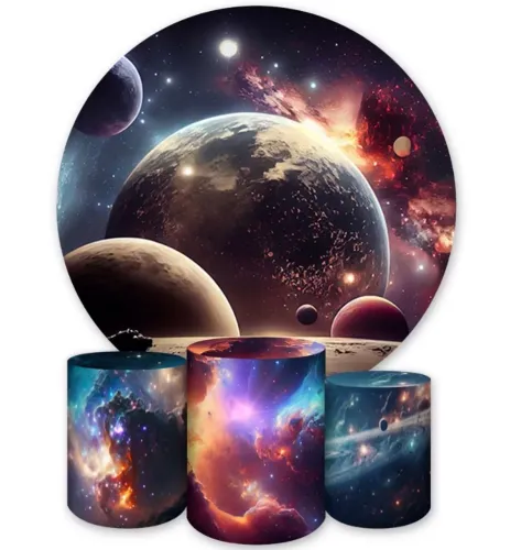 Kit Capa de Painel Redondo + Trio Capas de Cilindro Sublimados Tema Galaxia