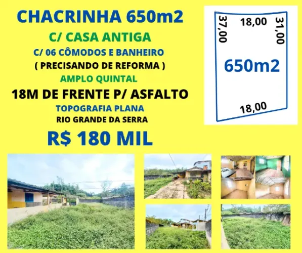 Chacrinha 650m2 18m de frente p/ Asfalto 06 Cômodos e wc amplo quintal Rio Grande da Serra