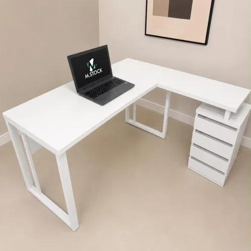 MESA DE ESCRITÓRIO BRANCA EM L C/ GAVETEIRO ACOPLADO 1,35 X 1,40