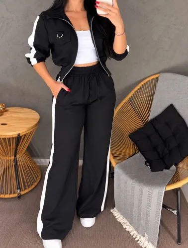 Conjunto Feminino Preto com Listra Branca - Jaqueta e Calça 
