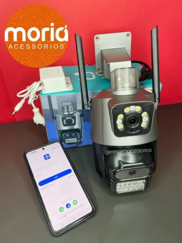Câmera de Segurança Externa com Sirene, 2 Lentes, Sensor de Movimento, Visão Noturna, Audi