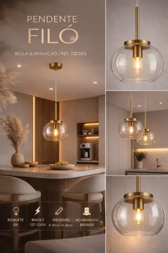 PENDENTE BELLA ILUMINAÇÃO FILÓ RZ005 - CRISTAL TRANSPARENTE